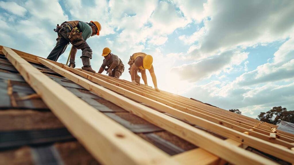 A homeowner using a ladder to inspect shingles and clean debris from a roof on a sunny day.